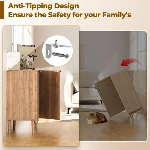 Vista 7 de Armario de almacenamiento de buffet - Armarios de madera con estantes ajustables, puertas acanaladas, mesa consola anti-punta para cocina, comedor