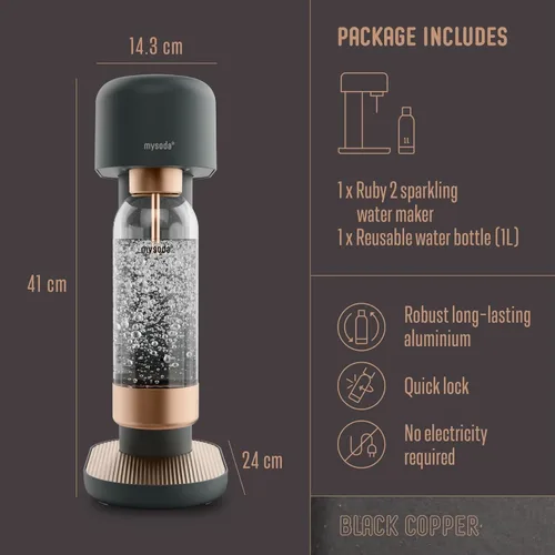Vista 5 de Mysoda Ruby 2 Fabricante de Agua con Gas - Máquina de Soda Silenciosa para Agua Carbonatada Robusta y Duradera de Aluminio, Botella de Agua de 1L