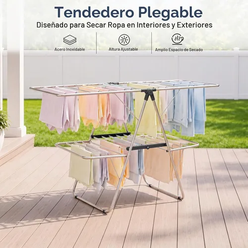 Vista 6 de Estante de secado de ropa plegable de 2 niveles de acero inoxidable, altura Negro oscuro