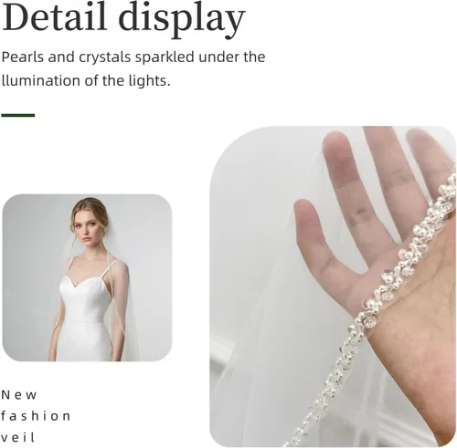 Vista 2 de Velo de novia Perlas y Cristales con Cuentas Borde 1 Nivel Dedo Longitud Velo de Novia