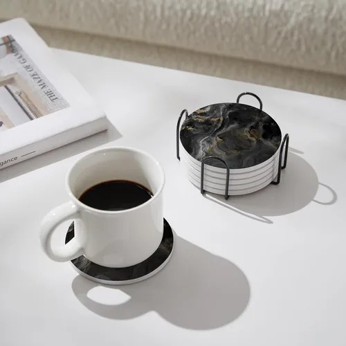 Vista 6 de Juego de 6 posavasos abstractos de mármol negro con soporte, posavasos de cerámica absorbente para bebidas, posavasos con respaldo de corcho