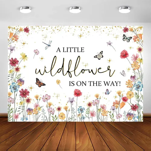 Avezano Decoraciones de flores silvestres para baby shower, con texto en inglés "A Little Wildflower is On The Way", telón de fondo para baby