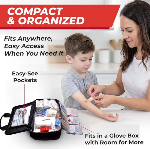 Vista 4 de M2 BASICS Kit de primeros auxilios de 300 piezas, 40 artículos, kit médico de emergencia compacto con bolsa de transporte duradera para el hogar