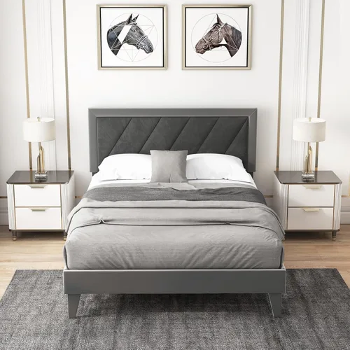 Vista 10 de Giantex Base de cama de terciopelo tamaño Queen con cabecero, moderna plataforma tapizada, base de colchón con 12 listones de madera fuertes,