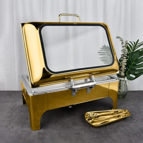 Vista 3 de Golden - Juego de bufé de platos visibles de 9 cuartos de galón, servidor de buffet con tapa enrollable de acero inoxidable, para catering, soporte
