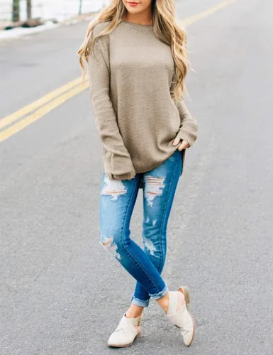 Vista 8 de MEROKEETY - Suéter tejido de manga larga y cuello redondo para mujer, unicolor, sin botones y de ajuste grande