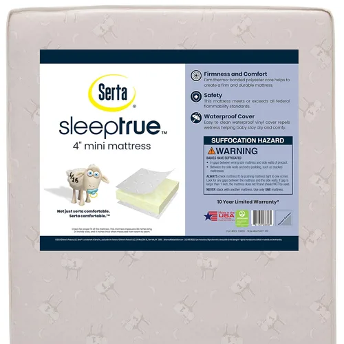 Delta Children Serta SleepTrue Colchón para Mini Cuna, Núcleo de Fibra Premium de Origen Sostenible, Funda Hipoalergénica e Impermeable, Certificado