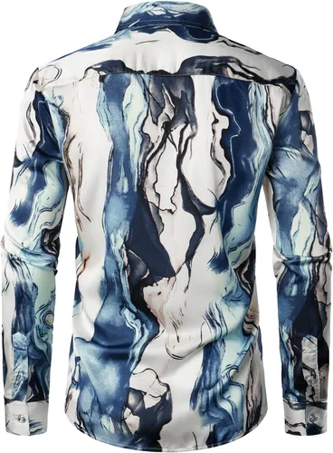 Vista 2 de ZEROYAA Camisas de vestir de satén de manga larga con botones y estampado hipster para hombre