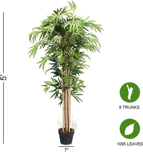 Vista 8 de Goplus Árbol de bambú artificial, planta de bambú sintético de 5 pies de alto, árbol falso grande con hojas y tronco natural, plantas artificiales