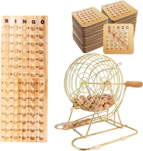 Vista 8 de GSE Games & Sports Expert Juego de Bingo de Lujo con Jaula Grande de Latón, 10 Tarjetas de Bingo con Ventanillas Deslizantes, Tablero Principal