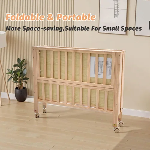 Vista 4 de Flwrgirl - Cuna de madera plegable junto a la cama - Cuna portátil 4 en 1 para bebé con colchón transpirable, cuna de 3 alturas con ruedas, cuna