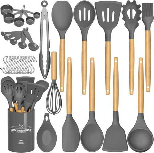 Vista 9 de Umite Chef Juego de utensilios de cocina, 33 piezas de espátulas de cocina de silicona antiadherentes con soporte, mango de madera juego de Negro