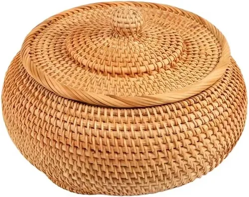 Vista 5 de Cajas redondas de ratán con tapa, bandeja de mimbre multiusos tejida a mano de 11 pulgadas, cesta de almacenamiento para mesa de pan, comida