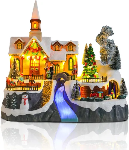 Vista 11 de Casas de Pueblo Navideño Edificios Coleccionables de Navidad Campanario con Luces LED, Pueblo de Vacaciones Navideñas Musical con USB Figuras