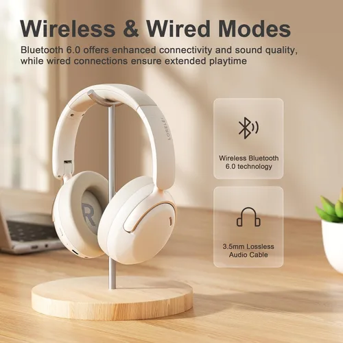 Vista 8 de LORELEI QC30 Auriculares híbridos con cancelación activa de ruido, Bluetooth inalámbrico sobre la oreja, piel proteica beige, control activo