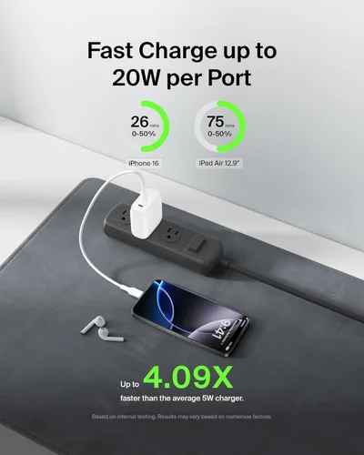 Vista 2 de Belkin Bloque de cargador de pared USB C de doble puerto de 40 W, carga rápida USB C para iPhone de Apple, iPad, teléfono Samsung Galaxy y más