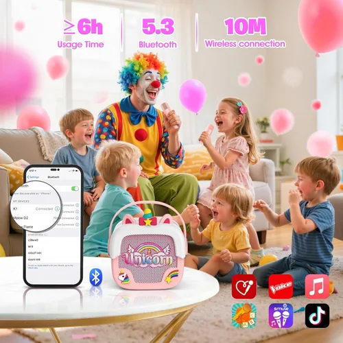 Vista 2 de Mini máquina de karaoke para niños y niñas: altavoces Bluetooth portátiles de unicornio con 2 micrófonos inalámbricos, regalos de cumpleaños de Rosa