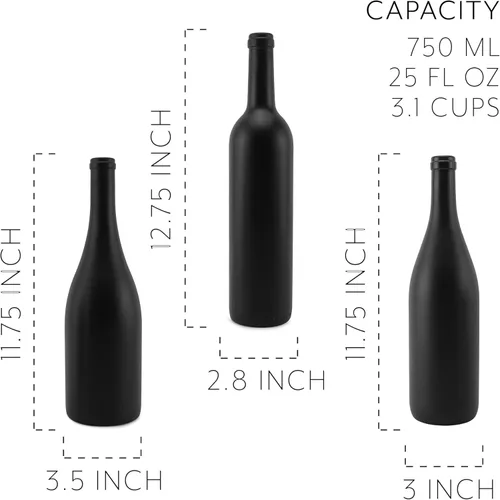 Vista 6 de Cornucopia Brands Botellas de vino negro con corchos (juego de 3); botellas de vino de vidrio con revestimiento mate negro de varios tamaños