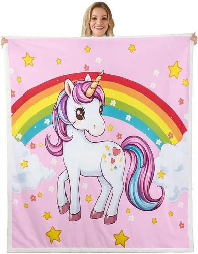 Cartoon Unicorn Throw Flannel Blanket,Dreamy Rainbow Cloud Fleece Throw Blanket for Home Decor Sofa Couch,Lovely Fairy Tale Animal Fleece