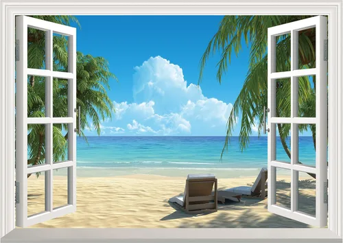 Vista 15 de FLFK Adhesivo falso para pared para ventana, mural de pared de ventana de playa de atardecer para decoración de pared, calcomanías de pared