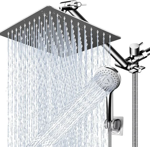 Vista 14 de Combo de cabezal de ducha (níquel cepillado), cabezal de ducha de lluvia de alta presión de 8 pulgadas con brazo de extensión ajustable de 11