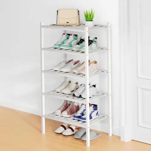 Vista 66 de Smiry Zapatero pequeño de bambú de 2 niveles, apilable, estante de almacenamiento de zapatos de madera para armario, entrada, entrada de puerta Negro
