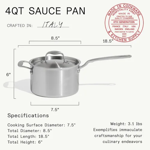 Vista 3 de Made In Utensilios de cocina Cacerola antiadherente de cerámica de 4 cuartos con tapa Revestimiento de acero inoxidable de 5 capas con mango que