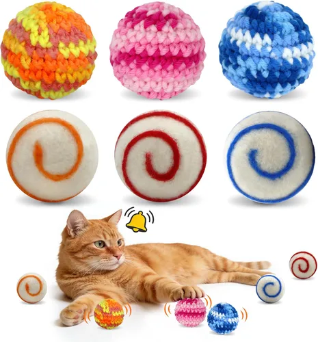 Cat Toys Balls, 3 Jingle Bell Balls & 3 Soft Wool Cat Balls, Handmade Small 1.57" & Large 1.77” for Indoor Cats Kitty, Interactive Fun Colorful Hunt