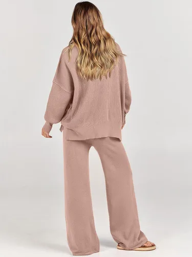 Vista 4 de ANRABESS Conjunto de 2 piezas para mujer, conjunto de suéter de gran tamaño y pantalones de pierna ancha, conjunto de descanso grueso para otoño