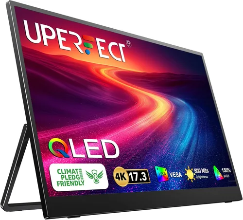 UPERFECT Monitor Portátil QLED 4K de 17.3'', 500 Nits 100% DCI-P3 UHD FreeSync HDR 2 Altavoces Cuidado Ocular Monitor de Viaje, 2 Puertos Tipo-C