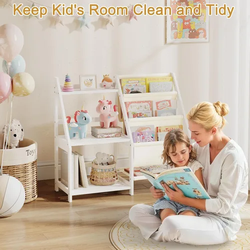 Vista 4 de BAMBANG Estantería para niños con almacenamiento, estante de 3 niveles para libros pequeños, estantería Montessori para bebé, dormitorio, sala