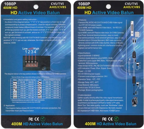 Vista 5 de Mini CCTV BNC HD CVI/TVI/AHD/CVBS HD Receptor Balun de vídeo activo Conector de alimentación (1080P 400M) 5MP HD-CVI/TVI/AHD Transmisor Balun