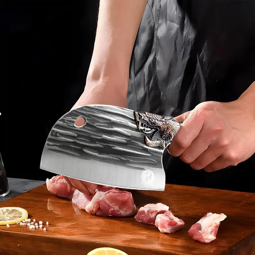 Vista 6 de LONGQUAN Serbian Chef Knife Sharp Kitchen Knife Butcher Knife Pro Meat Cleaver Knife Handmade Forged Meat Cutting Cleaver 6.2" with Anti-slip
