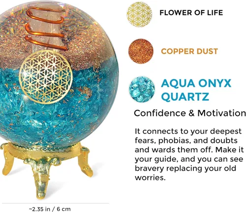 Vista 2 de Orgonite Crystal Bola de cristal azul aguamarina con soporte para energía positiva, equilibrio de chakras, con símbolo de flor de la vida