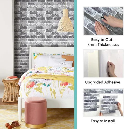 Vista 123 de Commomy 10 paneles de pared de ladrillo sintético 3D de 11.8 x 11.8 pulgadas, tamaño pequeño, de PVC, para despegar y pegar, azulejos autoadhesivos