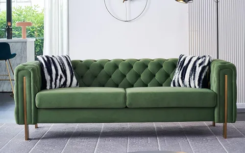 Vista 9 de Sofá moderno para sala de estar, sofá tapizado de terciopelo de 84 pulgadas con botones y 2 almohadas y patas de metal, muebles decorativos