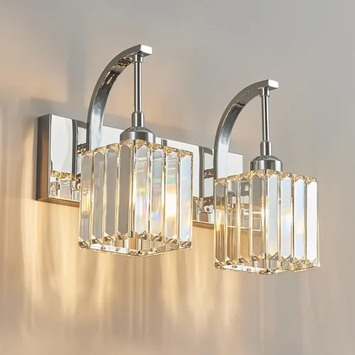Vista 11 de Lámpara de tocador de cristal de 4 luces, aplique de pared de baño cromado moderno con pantallas de cristal K9, 32.67" de largo, iluminación sobre