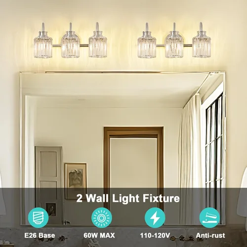 Vista 6 de Lámparas de baño de níquel cepillado con pantalla de cristal K9, iluminación de baño sobre espejo, luces de tocador para sala de estar, dormitorio