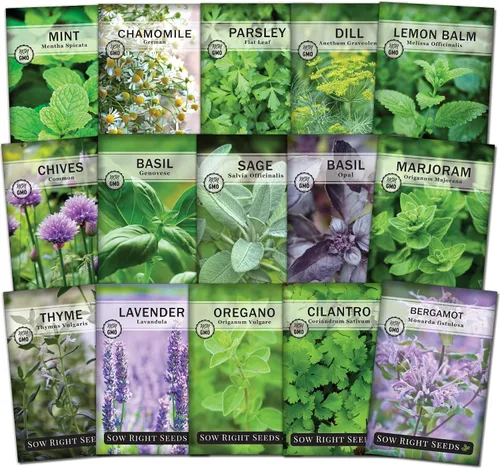 Sow Right Seeds - Colección de semillas de jardín de 15 hierbas para plantar - Hierbas esenciales para cocinar - Instrucciones de paquete de