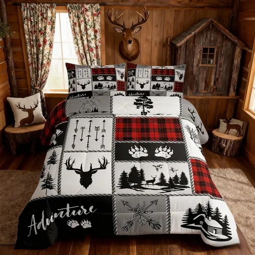 Vista 75 de Manfei Juego de Edredón de Siluetas de Animales con Astas de Ciervo Tamaño Full, Juego de Ropa de Cama de Camuflaje con Cuadros Geométricos de 3