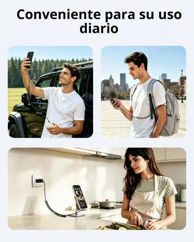 Vista 4 de Cable USB C en espiral, cable de coche USB C a USB C en ángulo recto corto Negro