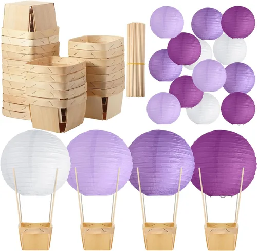 Vista 14 de Namalu Juego de 24 centros de mesa de globo de aire caliente, faroles de papel, cajas de madera para dulces con palos, manualidades para baby Serie