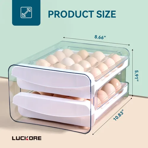 Vista 4 de Luckore - Portacontenedores de huevos para refrigerador de 40 huevos, bandeja dispensadora de 2 niveles transparente apilable con cajón
