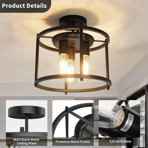 Vista 4 de Lámpara de techo semiempotrada de granja, lámpara de techo industrial negra para cocina, estilo rústico, vintage, montaje en techo, 3 luces, lámpara