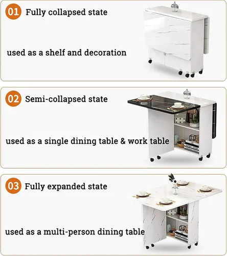 Vista 3 de Mesa de comedor plegable de madera, mesa plegable de extensión de hojas caídas con ruedas y almacenamiento oculto, mesa plegable de apartamento