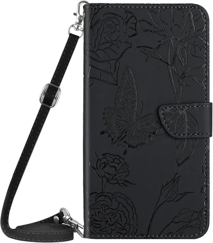 XYX Wallet Case Compatible with Xiaomi 12S Ultra, Emboss Butterfly Flower PU Leather Flip Protective Case with Adjustable Shoulder Strap for Xiaomi