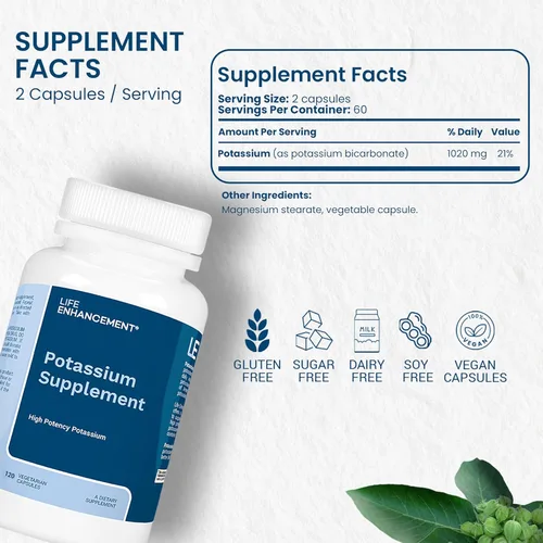 Vista 2 de Life Enhancement Suplemento de potasio de alta absorción para la salud muscular, cerebral y ósea, sin aditivos, suplemento de potasio elemental