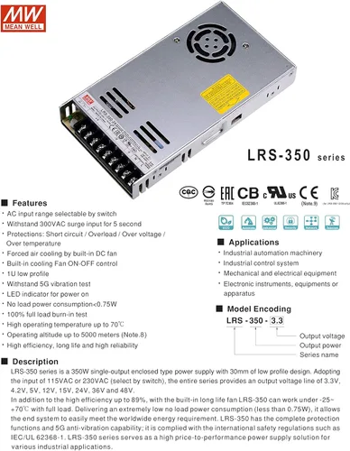 Vista 4 de Mean Well LRS-350-12 Fuente de alimentación conmutada DC 12V 29A 350W para CCTV, proyecto de computadora, impresora 3D, luz de tira LED, enrutador