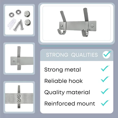 Vista 3 de Perchero pequeño de montaje en pared, de níquel cepillado, de acero inoxidable de 6 pulgadas, con 2 ganchos dobles resistentes, colgador de pared
