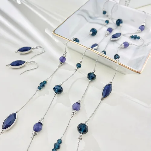 Vista 5 de Coiris Collar largo con cuentas de alambre de ilusión de 2 capas con pendientes, collar largo para mujer